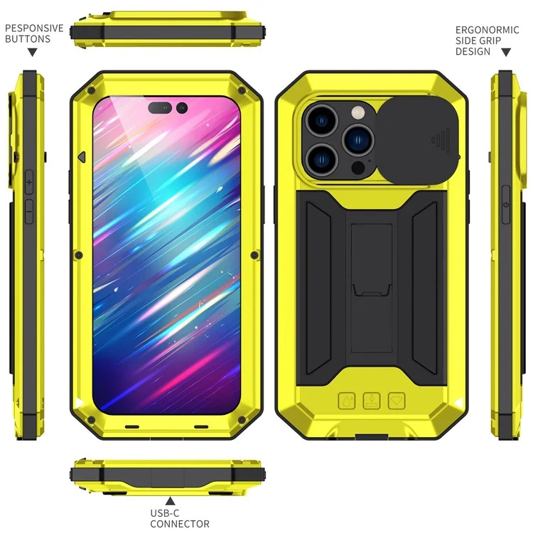 Pour Iphone 14 Pro Max 6,7 Pouces 2e Génération Anti-scratch Téléphone Bootstand Couvre de Caméra de Caméra Coulissante Avec Protecteur D'écran en Verre Trempé Protecteur - Jaune