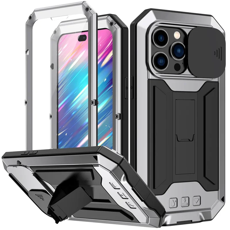 Para Iphone 14 Pro Máximo de 6,7 Polegadas de 2ª Geração Anti-arranha Capa de Capa de Capa Deslizante de Kickstand Com Tampa de Telefone Com Protetor de Tela de Vidro Temperado - Prata