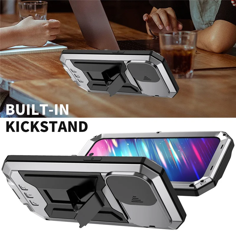 Para Iphone 14 Pro Máximo de 6,7 Polegadas de 2ª Geração Anti-arranha Capa de Capa de Capa Deslizante de Kickstand Com Tampa de Telefone Com Protetor de Tela de Vidro Temperado - Prata