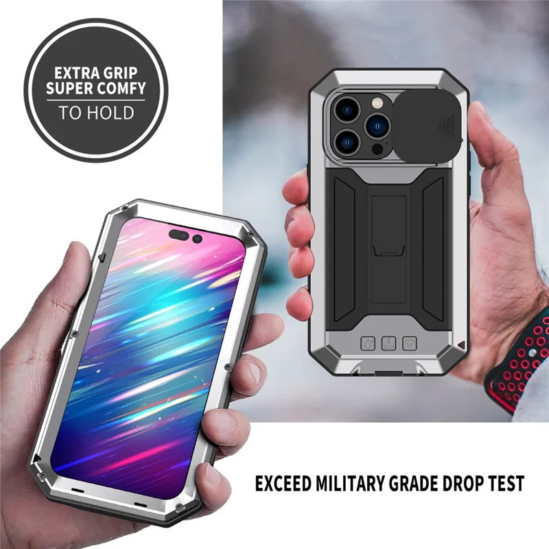 Para Iphone 14 Pro Máximo de 6,7 Polegadas de 2ª Geração Anti-arranha Capa de Capa de Capa Deslizante de Kickstand Com Tampa de Telefone Com Protetor de Tela de Vidro Temperado - Prata