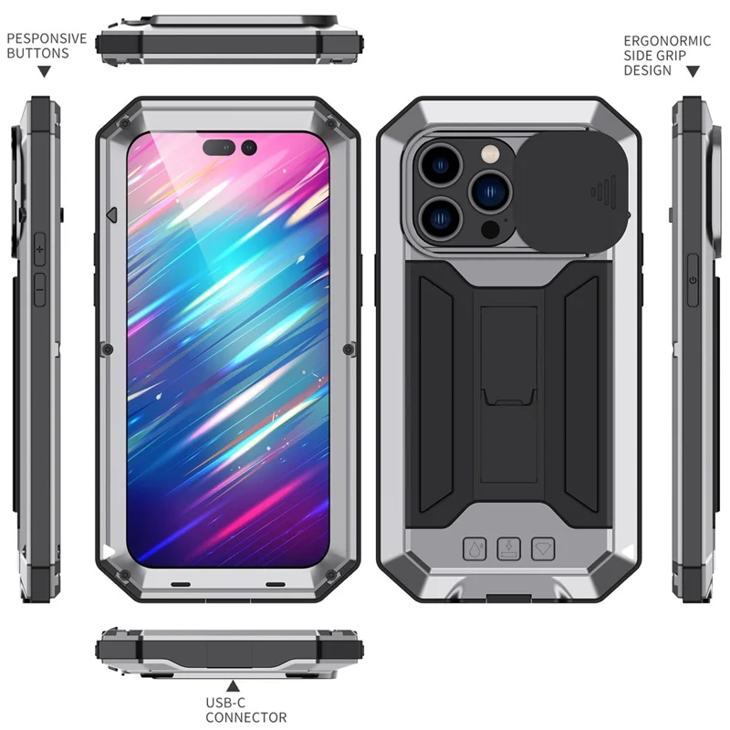 Para Iphone 14 Pro Máximo de 6,7 Polegadas de 2ª Geração Anti-arranha Capa de Capa de Capa Deslizante de Kickstand Com Tampa de Telefone Com Protetor de Tela de Vidro Temperado - Prata