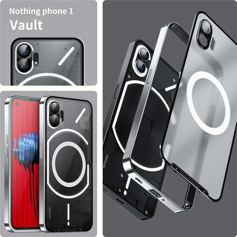 For Nothing phone (1) 5G Drop-proof Slim Phone Case with Metal Frame Magnetic Back Cover with Integrated Lens Cover - Silver
