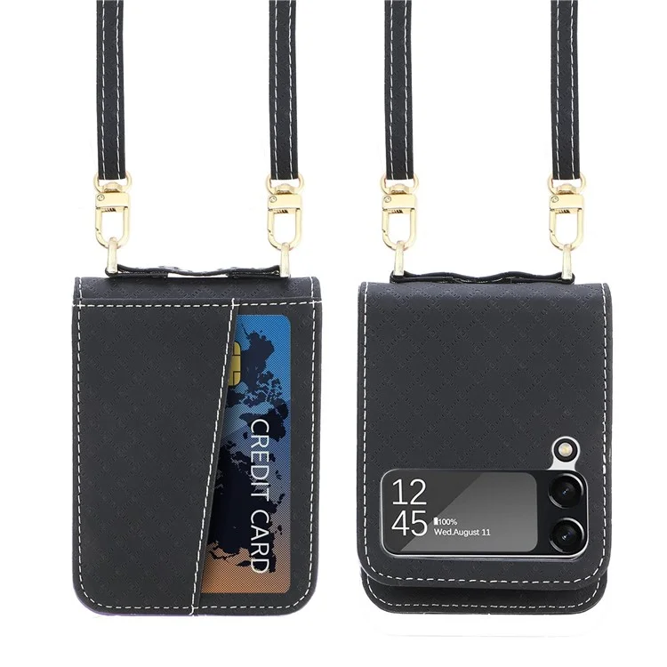 Чехол для Samsung Galaxy Z Flip3 5G с противоударной защитой, одноэлементный дизайн с сетчатым рисунком, чехол для мобильного телефона с длинным шнурком и держателем для карт - черный