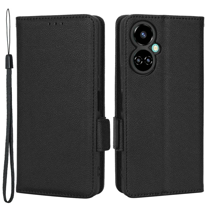 Litchi Texture Phone Cover for TECNO Camon 19 Pro 4G / 5G, Anti-Collision PU Leather Dual Magnetic Clasp Phone Wallet Stand Case - Black
