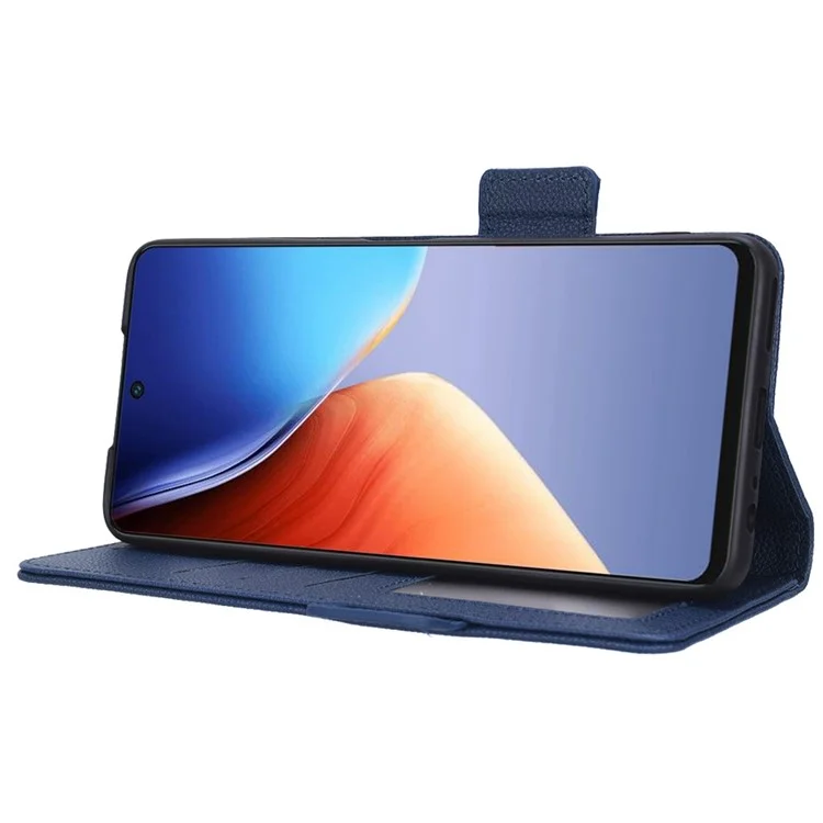 Litchi Texture Phone Cover for TECNO Camon 19 4G, Bump Proof PU Leather Dual Magnetic Clasp Phone Wallet Stand Case - Dark Blue