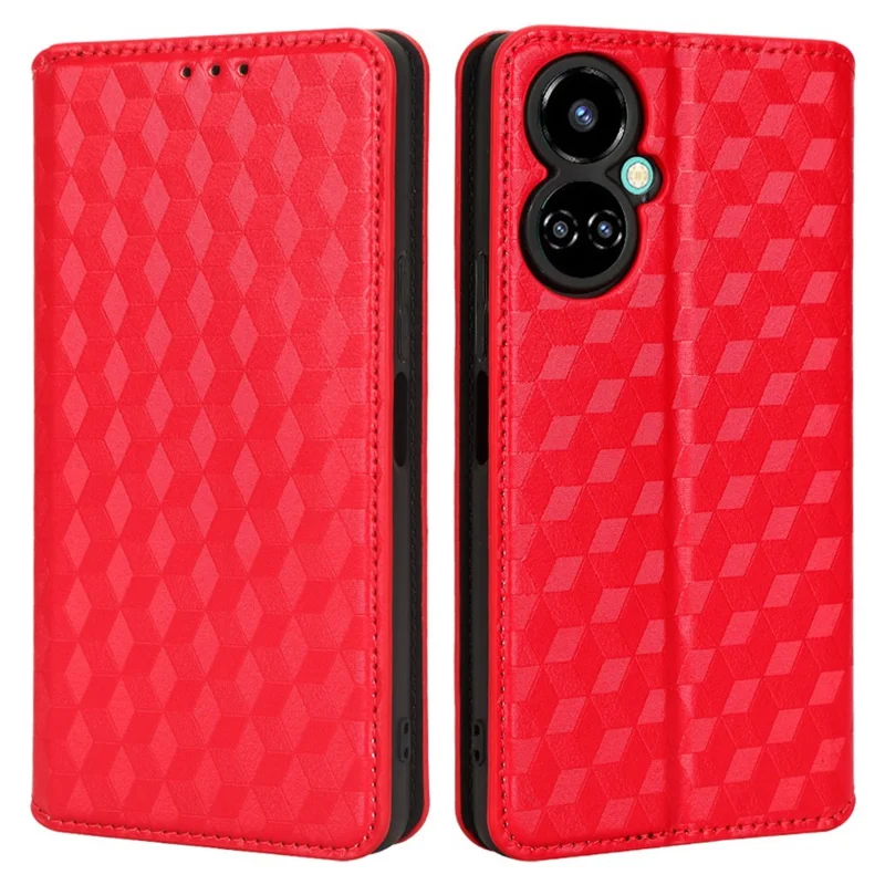 Flip Wallet Cover for TECNO Camon 19 4G, Full Coverage PU Leather Stand Imprinting Rhombus Pattern Phone Case - Red