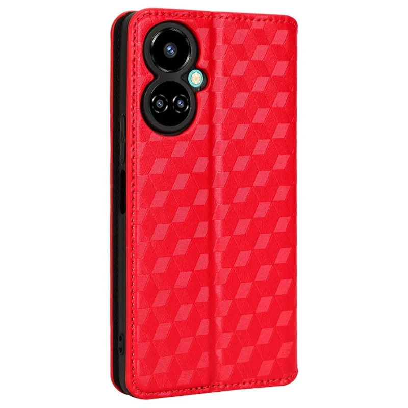 Flip Wallet Cover for TECNO Camon 19 4G, Full Coverage PU Leather Stand Imprinting Rhombus Pattern Phone Case - Red