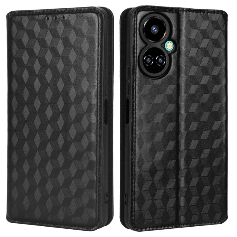 Flip Wallet Cover for TECNO Camon 19 4G, Full Coverage PU Leather Stand Imprinting Rhombus Pattern Phone Case - Black