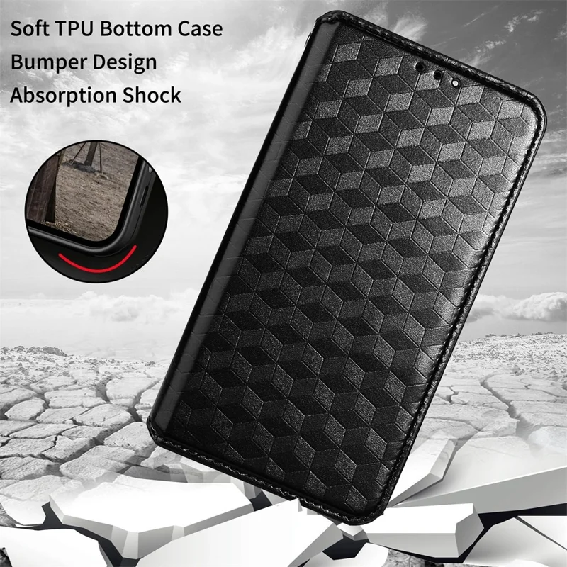 Flip Wallet Cover for TECNO Camon 19 4G, Full Coverage PU Leather Stand Imprinting Rhombus Pattern Phone Case - Black