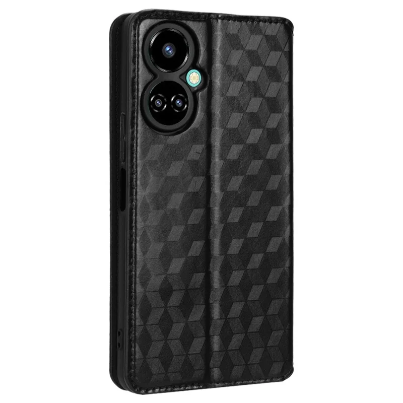 Flip Wallet Cover for TECNO Camon 19 4G, Full Coverage PU Leather Stand Imprinting Rhombus Pattern Phone Case - Black