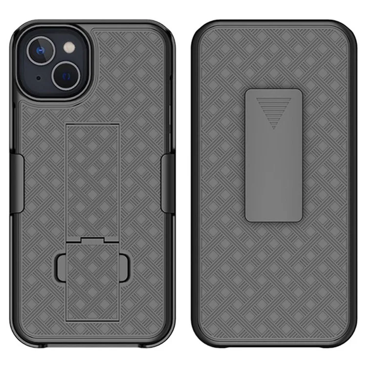 For iPhone 14 Plus Woven Texture Clip Kickstand PC + TPU Case Sliding Screen Cover Phone Protector