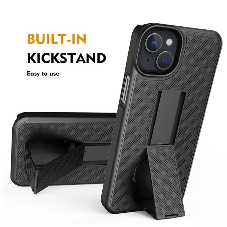 For iPhone 14 Plus Woven Texture Clip Kickstand PC + TPU Case Sliding Screen Cover Phone Protector
