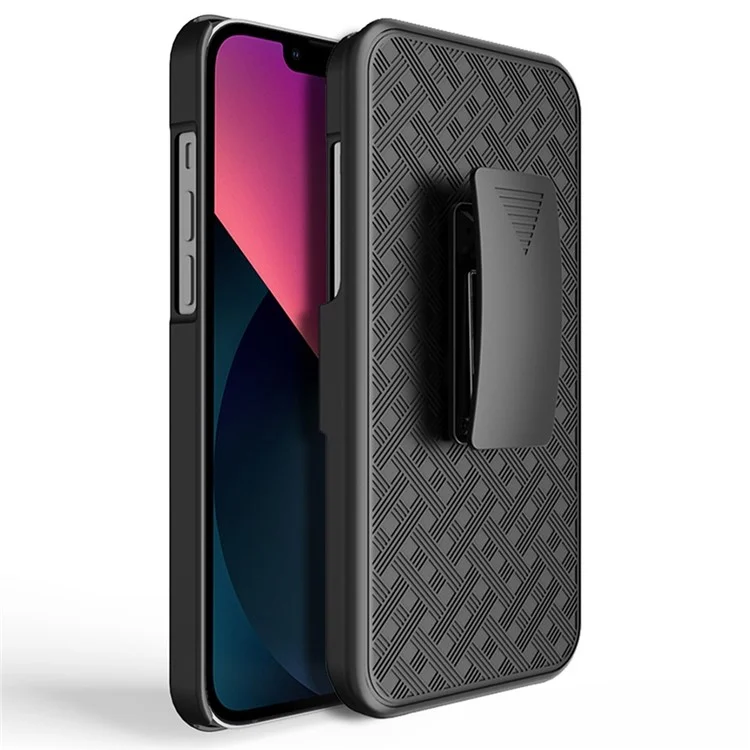 For iPhone 14 Plus Woven Texture Clip Kickstand PC + TPU Case Sliding Screen Cover Phone Protector