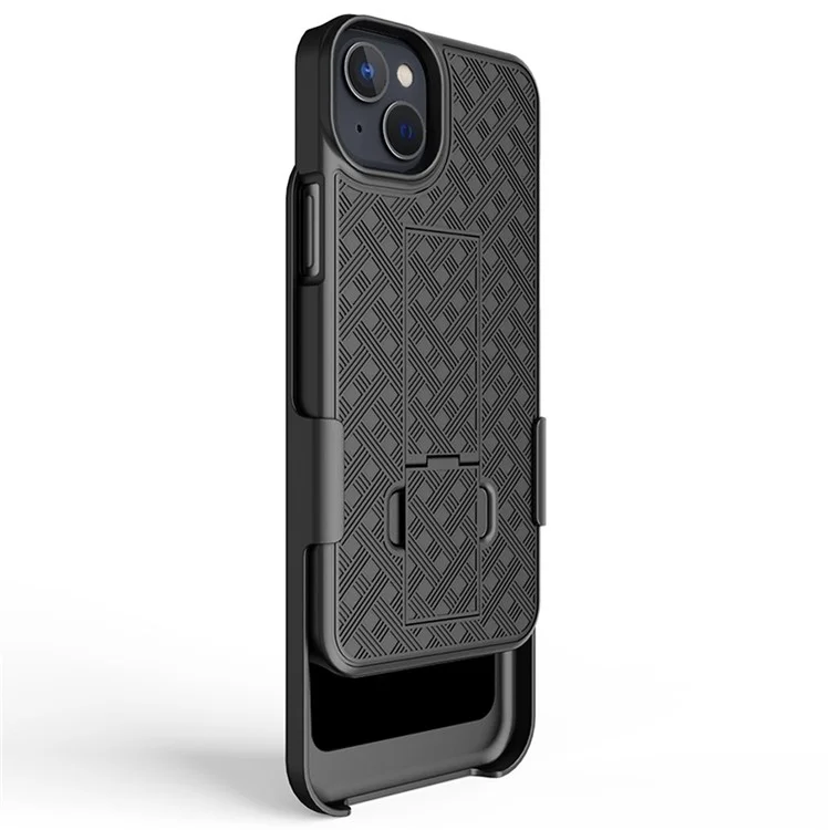 For iPhone 14 Plus Woven Texture Clip Kickstand PC + TPU Case Sliding Screen Cover Phone Protector