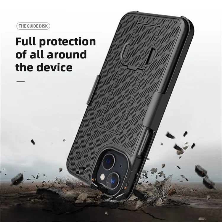 For iPhone 14 Plus Woven Texture Clip Kickstand PC + TPU Case Sliding Screen Cover Phone Protector