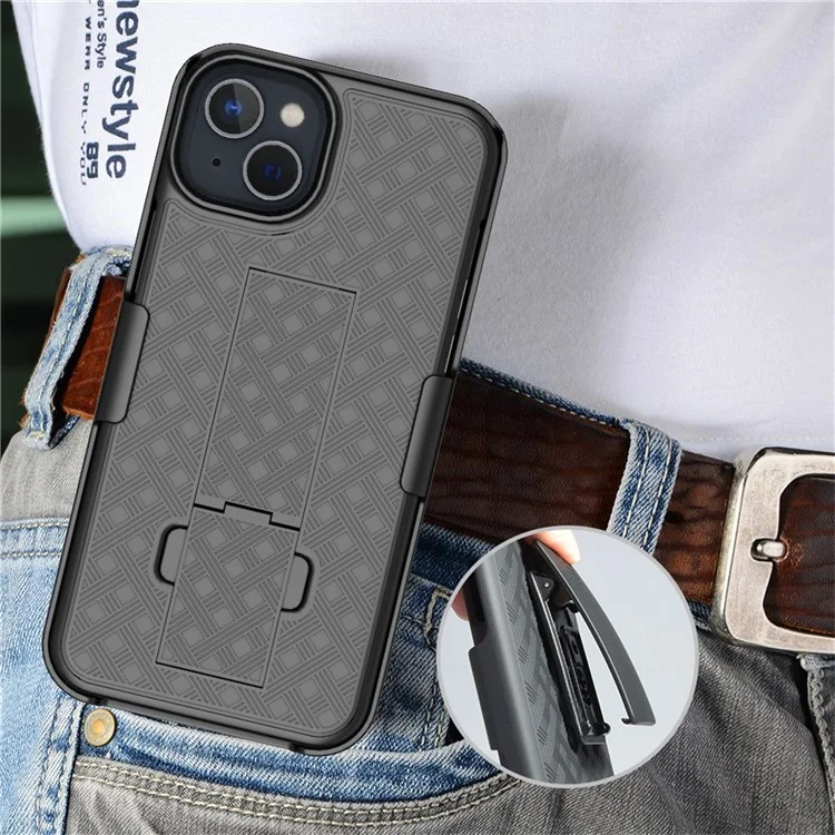 For iPhone 14 Plus Woven Texture Clip Kickstand PC + TPU Case Sliding Screen Cover Phone Protector