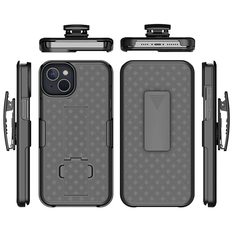 For iPhone 14 Plus Woven Texture Clip Kickstand PC + TPU Case Sliding Screen Cover Phone Protector