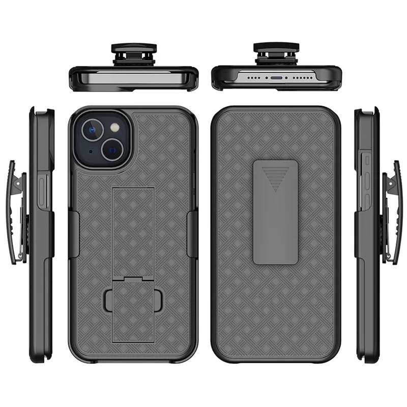 Rotary Clip Kickstand Case for iPhone 14 6.1 inch, Woven Texture PC + TPU Phone Protector with Screen Sliding Cover