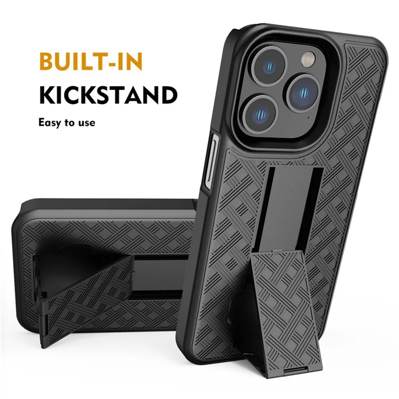 For iPhone 14 Pro Max 6.7 inch Sliding Screen Cover Rotary Clip Kickstand Case Woven Texture PC + TPU Phone Protector