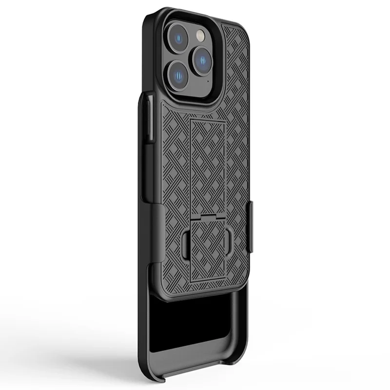 For iPhone 14 Pro Max 6.7 inch Sliding Screen Cover Rotary Clip Kickstand Case Woven Texture PC + TPU Phone Protector
