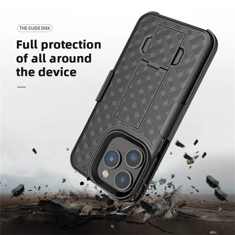For iPhone 14 Pro Max 6.7 inch Sliding Screen Cover Rotary Clip Kickstand Case Woven Texture PC + TPU Phone Protector