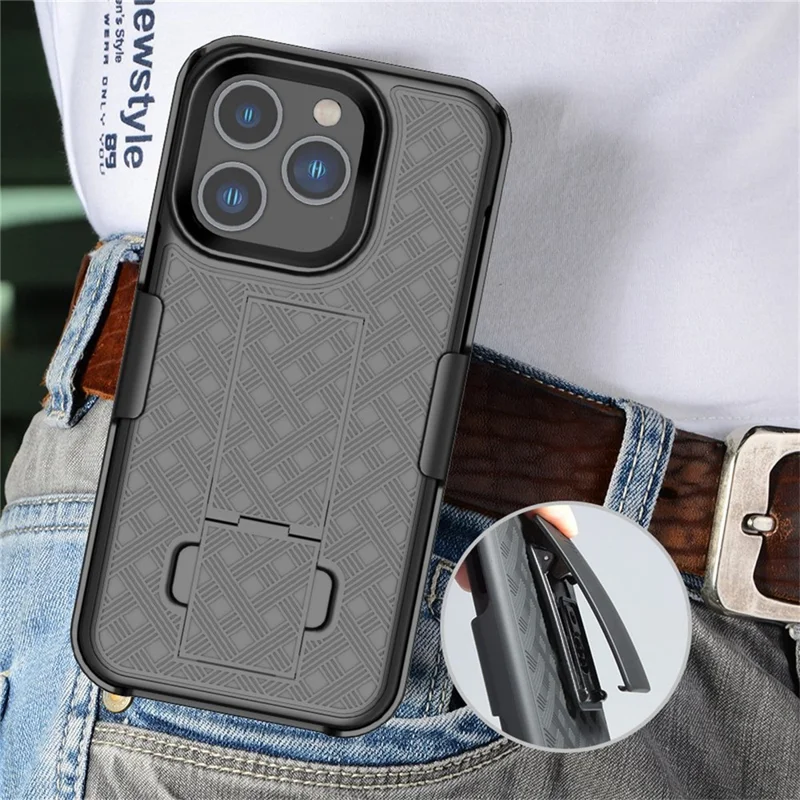 For iPhone 14 Pro Max 6.7 inch Sliding Screen Cover Rotary Clip Kickstand Case Woven Texture PC + TPU Phone Protector