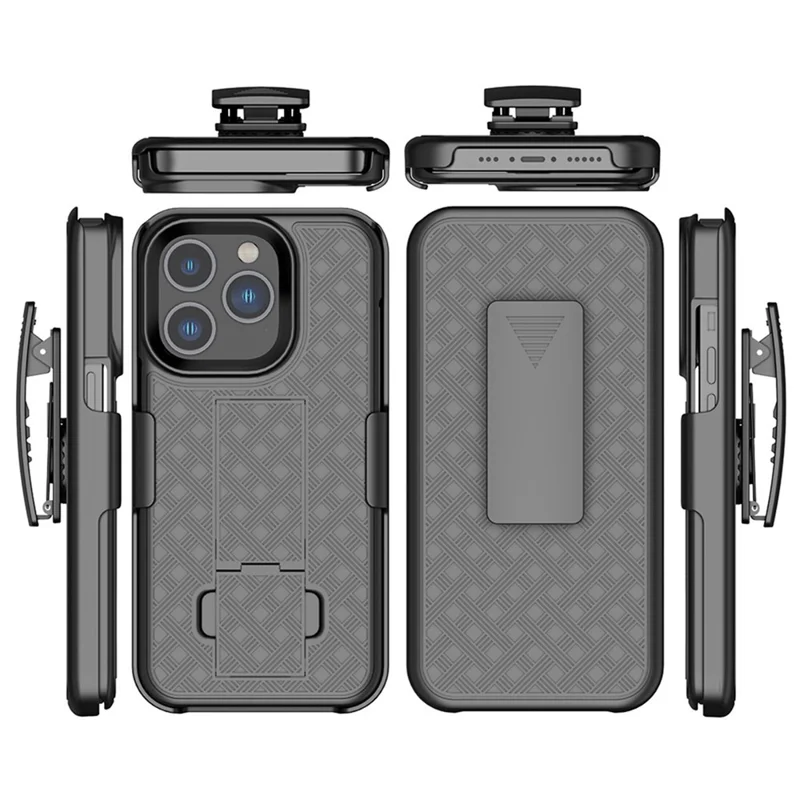 For iPhone 14 Pro Max 6.7 inch Sliding Screen Cover Rotary Clip Kickstand Case Woven Texture PC + TPU Phone Protector