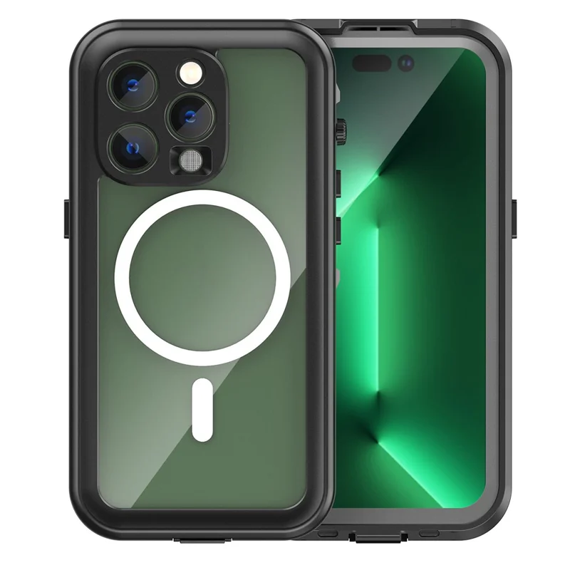 REDPEPPER Dot+ Series for iPhone 14 Pro 6.1 inch Compatible with MagSafe Wireless Charging Phone Cover IP68 Waterproof IP6X Dustproof Transparent Back Hybrid Phone Case - Black