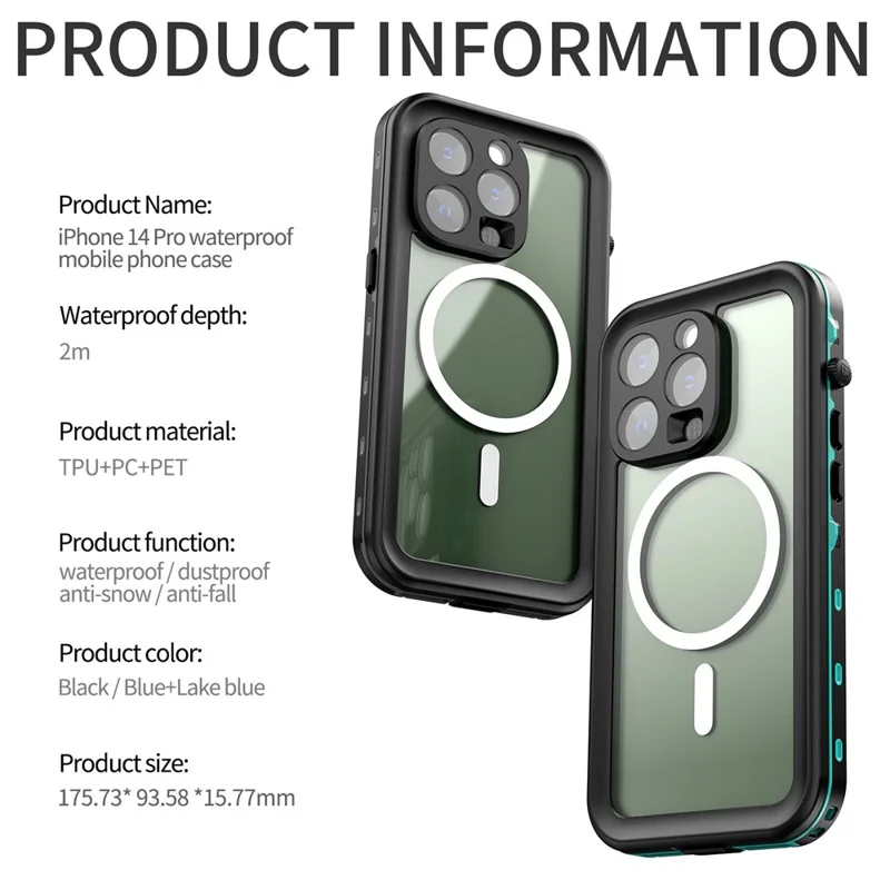 REDPEPPER Dot+ Series for iPhone 14 Pro 6.1 inch Compatible with MagSafe Wireless Charging Phone Cover IP68 Waterproof IP6X Dustproof Transparent Back Hybrid Phone Case - Black