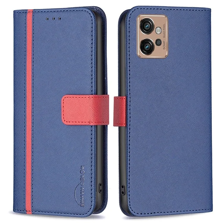BINFEN COLOR BF Leather Series-9 für Motorola Moto G32 4G Cross Texture Style 13 Anti-fall Phone Cover Splicing Wallet Stand PU Leder Handyhülle - Blau