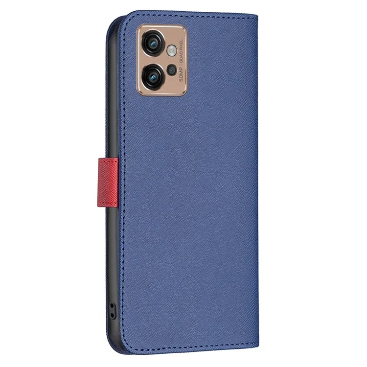 BINFEN COLOR BF Leather Series-9 für Motorola Moto G32 4G Cross Texture Style 13 Anti-fall Phone Cover Splicing Wallet Stand PU Leder Handyhülle - Blau