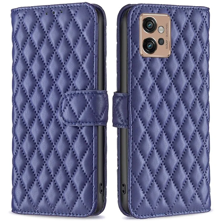 BINFEN COLOR Anti-drop Phone Case for Motorola Moto G32 4G, BF Style-14 Imprinted Rhombus Pattern Phone Cover Wallet Stand - Blue