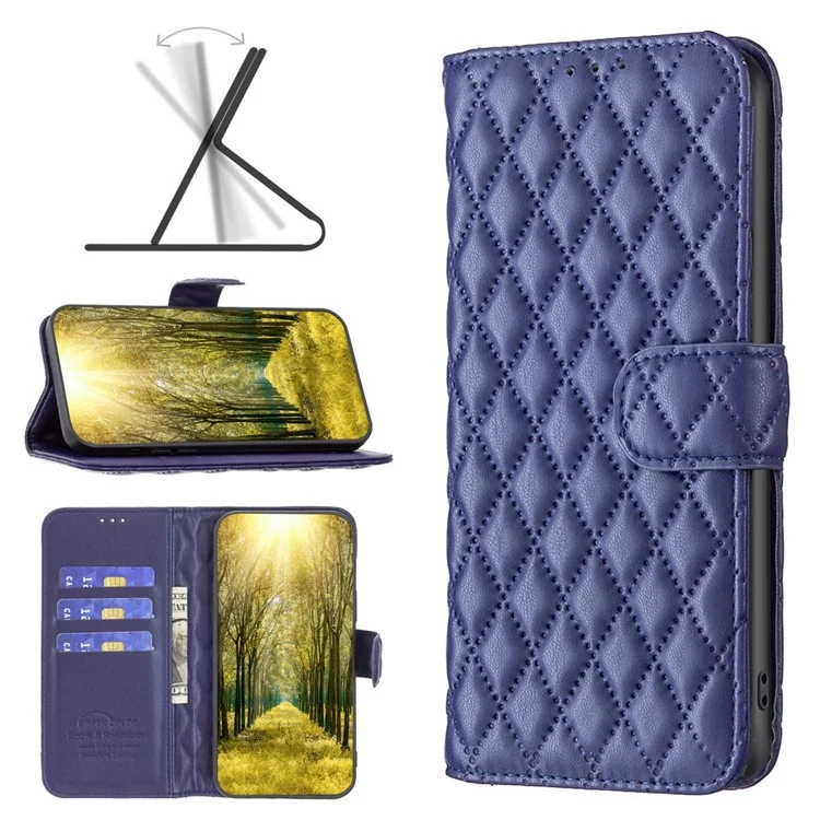 BINFEN COLOR Anti-drop Phone Case for Motorola Moto G32 4G, BF Style-14 Imprinted Rhombus Pattern Phone Cover Wallet Stand - Blue
