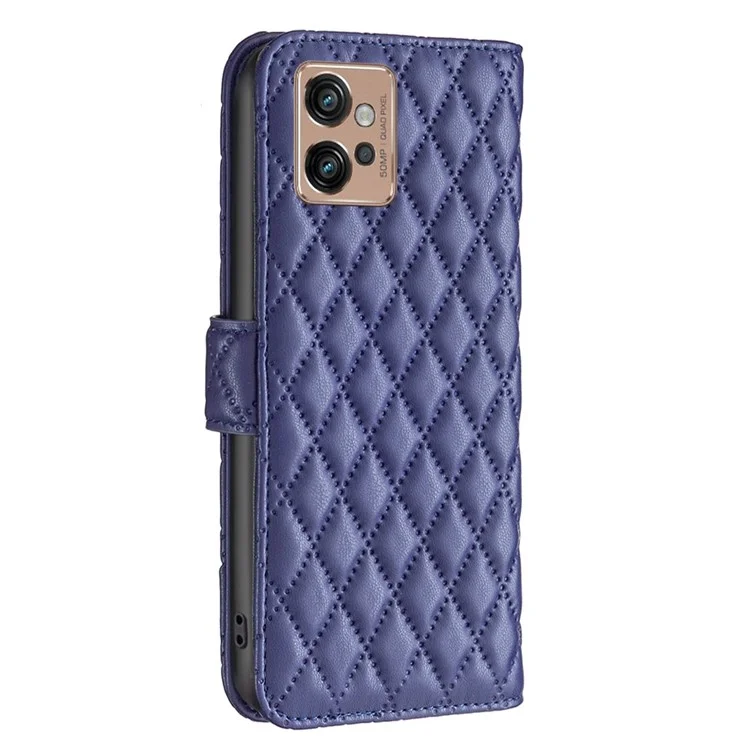 BINFEN COLOR Anti-drop Phone Case for Motorola Moto G32 4G, BF Style-14 Imprinted Rhombus Pattern Phone Cover Wallet Stand - Blue