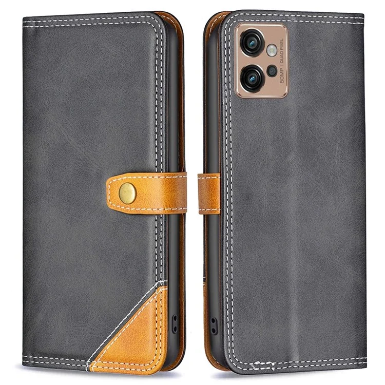 BINFEN COLOR for Motorola Moto G32 4G Leather Case with Card Holder Color Splicing Phone Stand Cover - Black