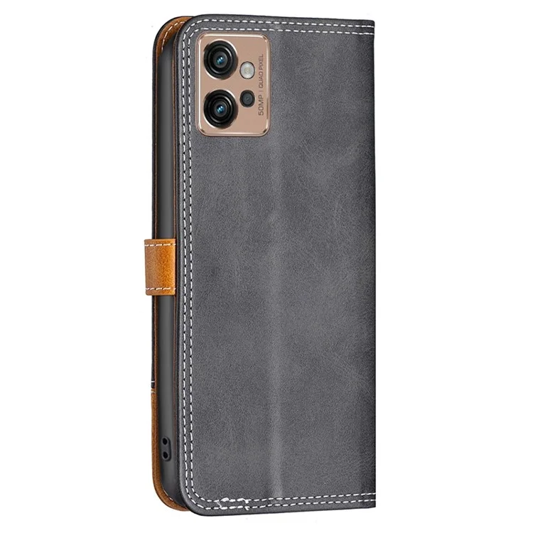 BINFEN COLOR for Motorola Moto G32 4G Leather Case with Card Holder Color Splicing Phone Stand Cover - Black