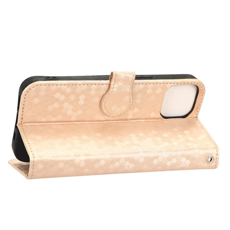 Para Iphone 14 Máximo de 6,7 Polegadas, Padrão de Carteira Dobrável Padrão de Ponto Impressa TPU+PU Couro Folio Flip Shell - Rosa Ouro