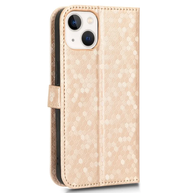 Para Iphone 14 Máximo de 6,7 Polegadas, Padrão de Carteira Dobrável Padrão de Ponto Impressa TPU+PU Couro Folio Flip Shell - Rosa Ouro