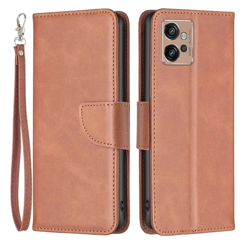 For Motorola Moto G32 4G Case Smooth Leather Wallet Stand Mobile Phone Cover with Strap - Brown