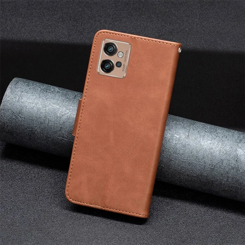 For Motorola Moto G32 4G Case Smooth Leather Wallet Stand Mobile Phone Cover with Strap - Brown