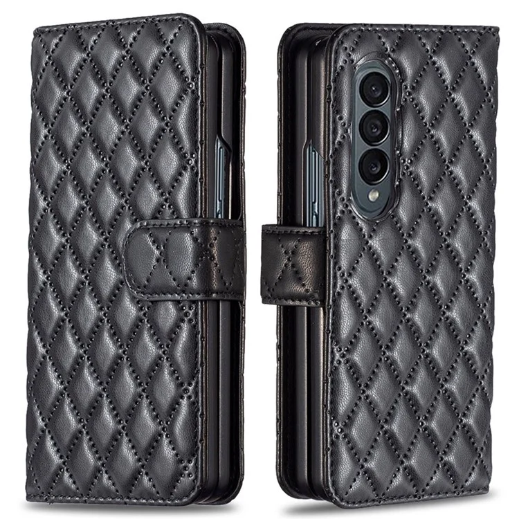 BINFEN COLOR Para Samsung Galaxy Z Fold4 5G Funda de Teléfono con Diseño Grabado de Rombo, Cubierta de Cartera de Cuero PU + PC con Soporte - Negro