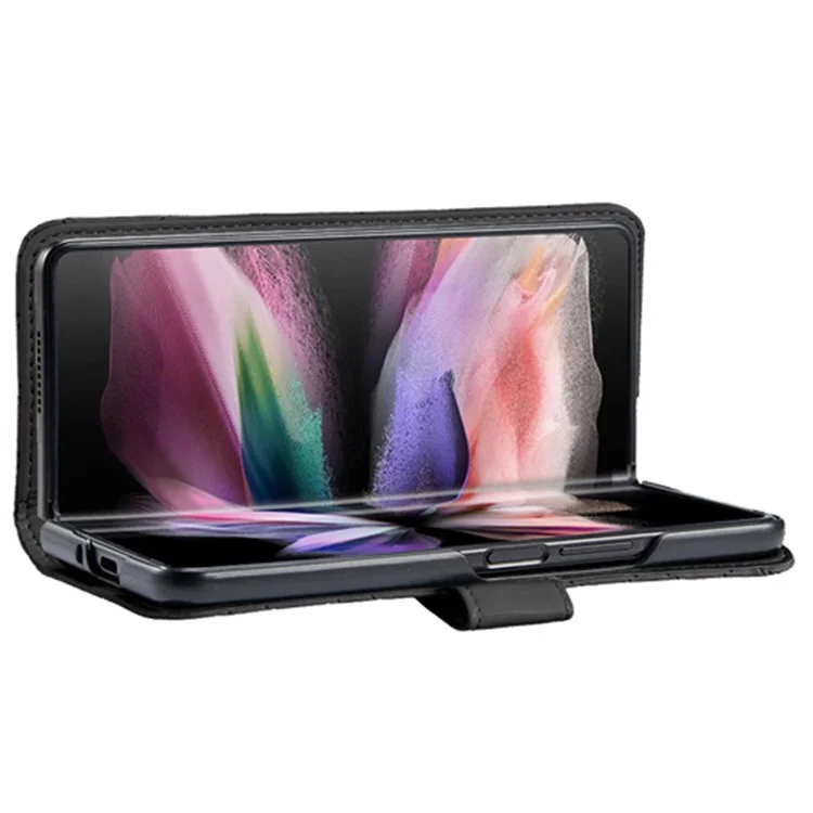 BINFEN COLOR Para Samsung Galaxy Z Fold4 5G Funda de Teléfono con Diseño Grabado de Rombo, Cubierta de Cartera de Cuero PU + PC con Soporte - Negro
