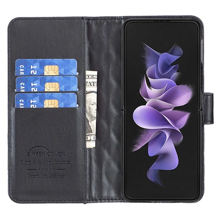 BINFEN COLOR Para Samsung Galaxy Z Fold4 5G Funda de Teléfono con Diseño Grabado de Rombo, Cubierta de Cartera de Cuero PU + PC con Soporte - Negro