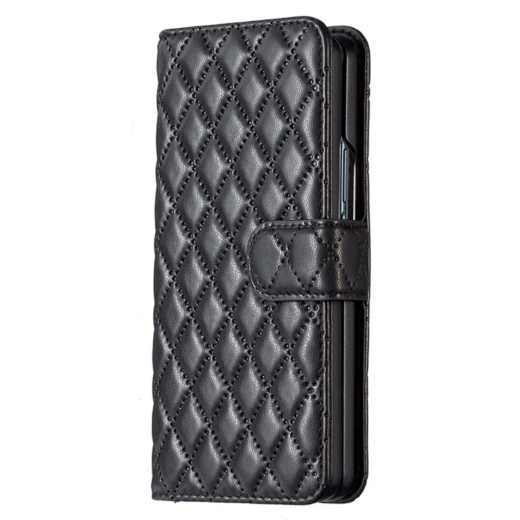BINFEN COLOR Para Samsung Galaxy Z Fold4 5G Funda de Teléfono con Diseño Grabado de Rombo, Cubierta de Cartera de Cuero PU + PC con Soporte - Negro