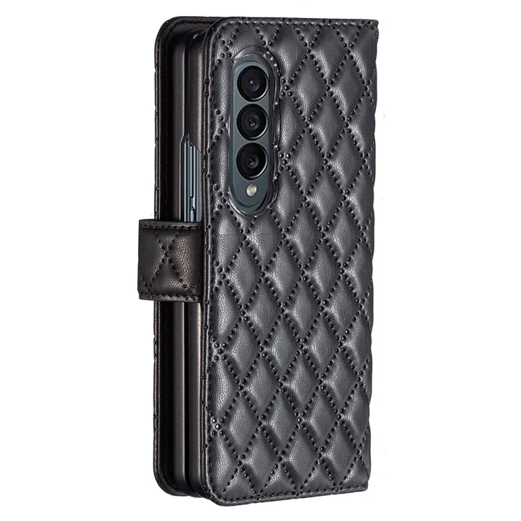 BINFEN COLOR Para Samsung Galaxy Z Fold4 5G Funda de Teléfono con Diseño Grabado de Rombo, Cubierta de Cartera de Cuero PU + PC con Soporte - Negro