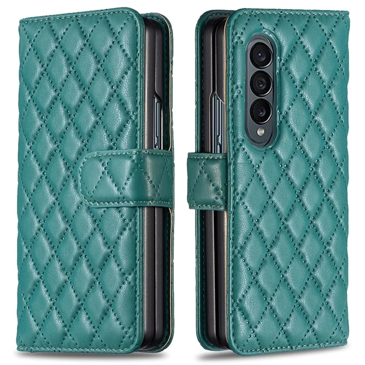 Cor do Binfen Para Samsung Galaxy Z Fold4 5G Rhombus Padrão de Rhombus Capa de Couro PU PU + PC Carteira - Verde