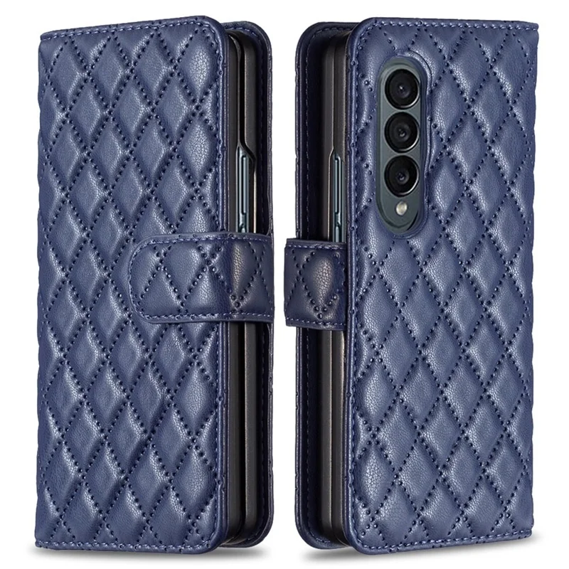 BINFEN COLOR For Samsung Galaxy Z Fold4 5G Imprinted Rhombus Pattern Phone Cover PU Leather + PC Wallet Stand Case - Blue
