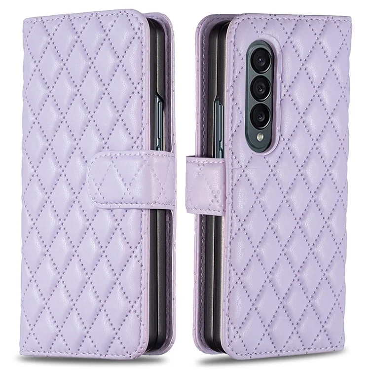 Cor do Binfen Para Samsung Galaxy Z Fold4 5G Rhombus Padrão de Rhombus Capa de Couro PU PU + PC Carteira - Roxo