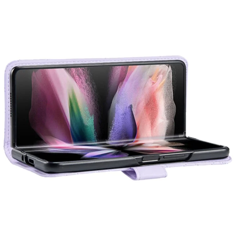 Cor do Binfen Para Samsung Galaxy Z Fold4 5G Rhombus Padrão de Rhombus Capa de Couro PU PU + PC Carteira - Roxo