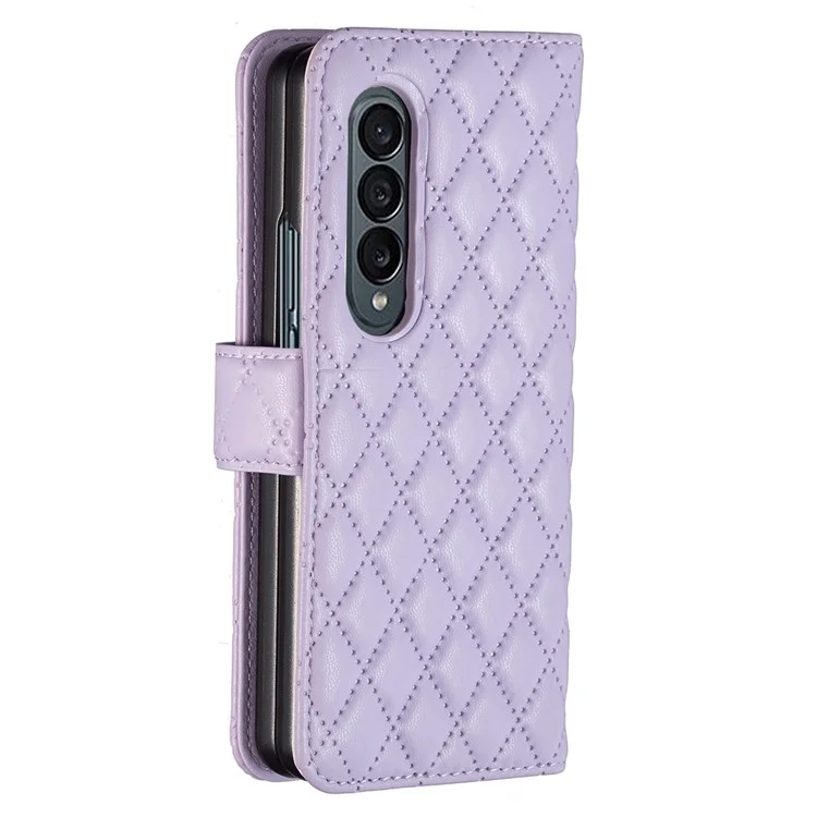 Cor do Binfen Para Samsung Galaxy Z Fold4 5G Rhombus Padrão de Rhombus Capa de Couro PU PU + PC Carteira - Roxo